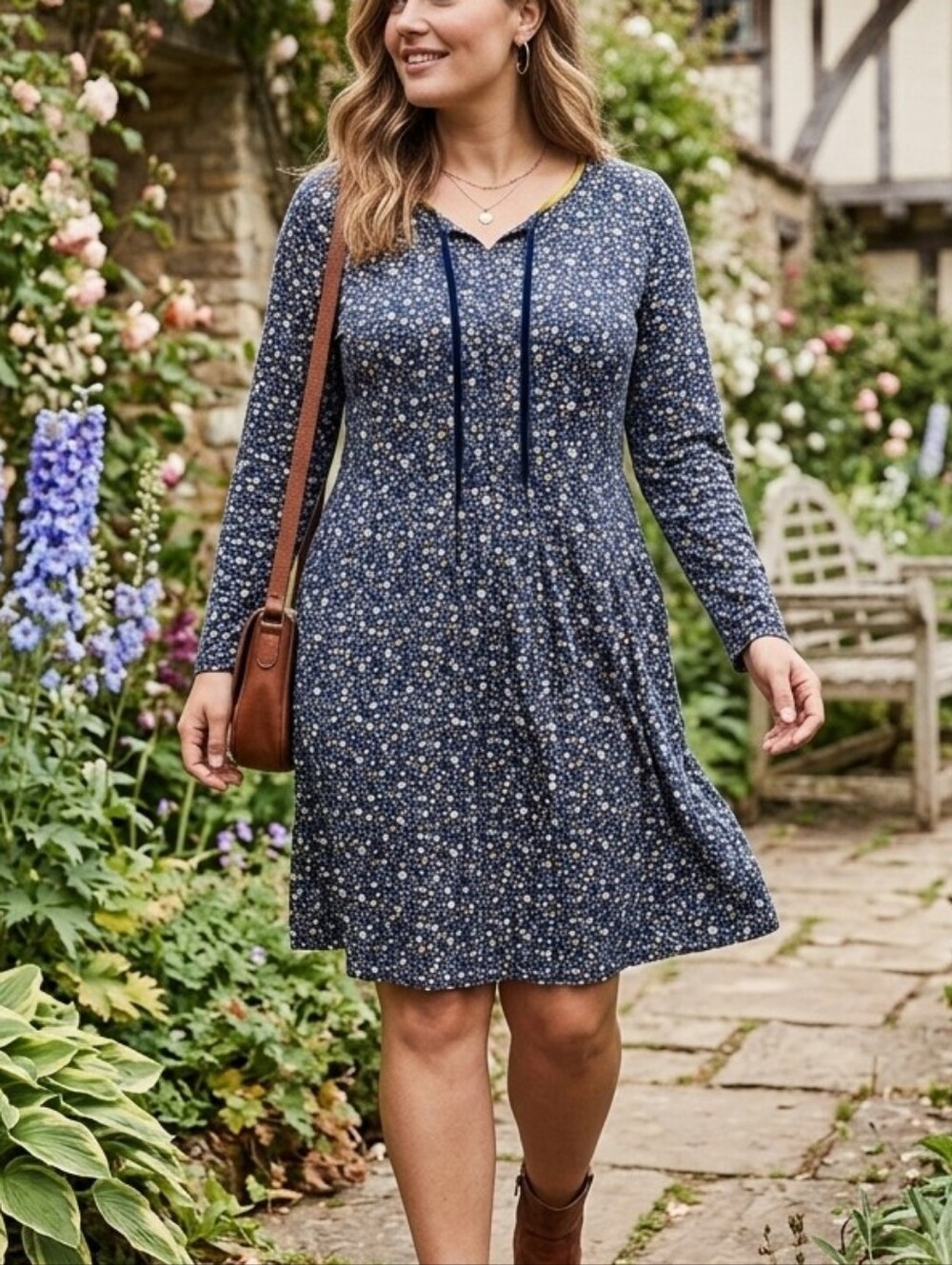 Brakeburn Blue Floral Long Sleeve Cotton Dress Size 14 Boho Casual Midi Dress
